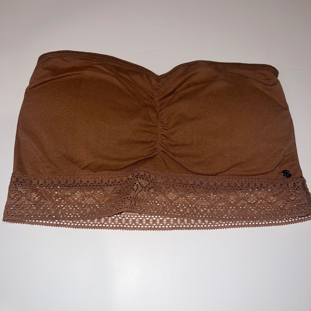 Lucky Brand Bandeau Bra Womens Large Brown Lace Trim Ruched Strapless Top